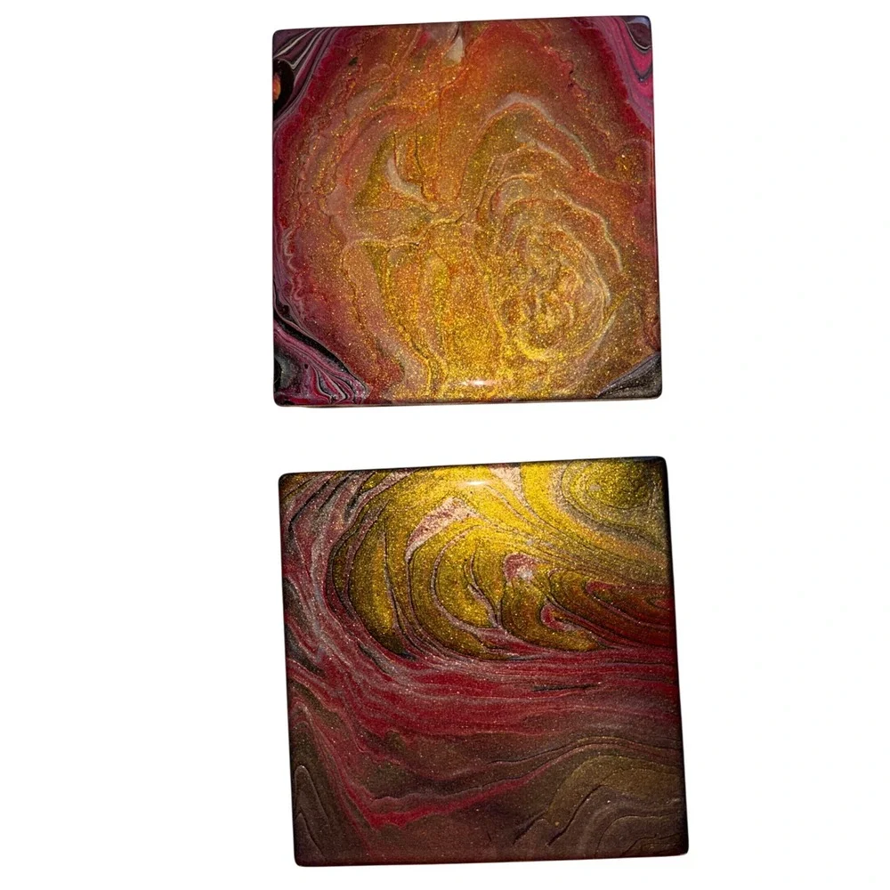 Coasters Abstract Fluid Art resin Set of 4 gold red black